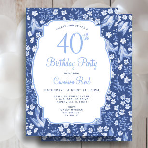 40th Birthday Elegant Blue Floral Feminine Bird Invitation