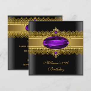 40th Birthday Elegant Lace Black Purple Gold Invitation