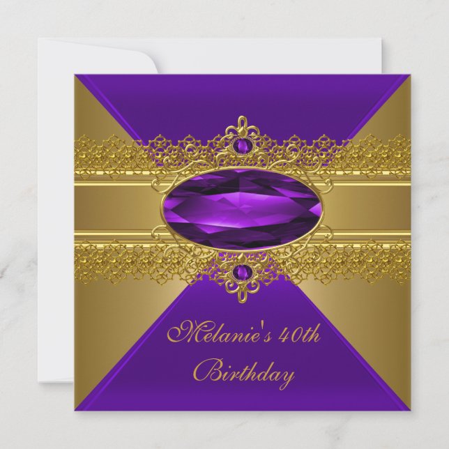 40th Birthday Elegant Lace Purple Gold Invitation (Front)