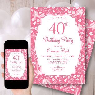 40th Birthday Elegant Pink Floral Feminine Bird Invitation