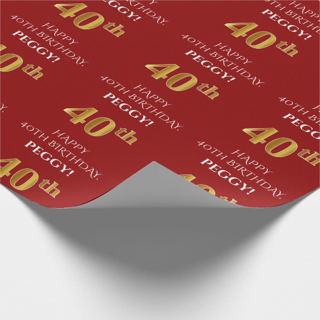 40th Birthday: Elegant, Red, Faux Gold Look Wrapping Paper (Corner)