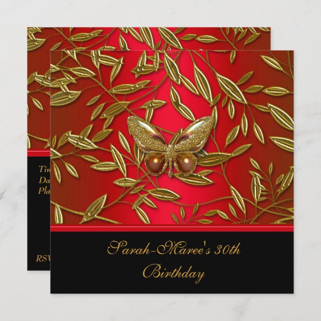 40th Birthday Elegant Rich Red Black Butterfly Invitation (Front/Back)