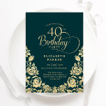 40th Birthday Emerald Green Gold Roses Invitation<br><div class="desc">Emerald green gold elegant 40th birthday party invitation. Classy design featuring roses,  faux gold foil and typography script font. Trendy invite card perfect for a stylish female bday celebration. Personalise with your own details. Can be customised to any age. Printed Zazzle invitations or instant download digital printable template.</div>