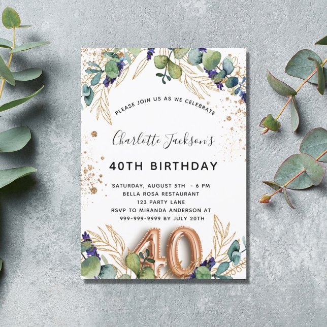 40th birthday eucalyptus greenery glitter elegant invitation (Creator Uploaded)