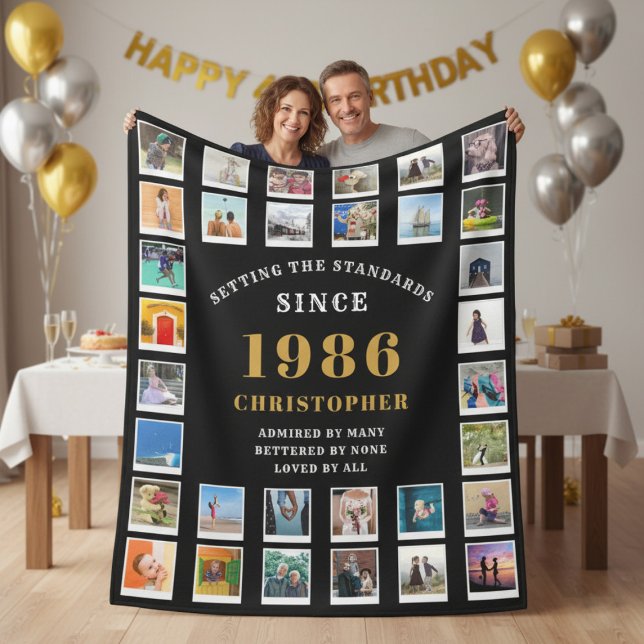 40th Birthday Family Memories Photo Collage  Fleece Blanket (1986 black photo template fleece blanket held up by a couple. )