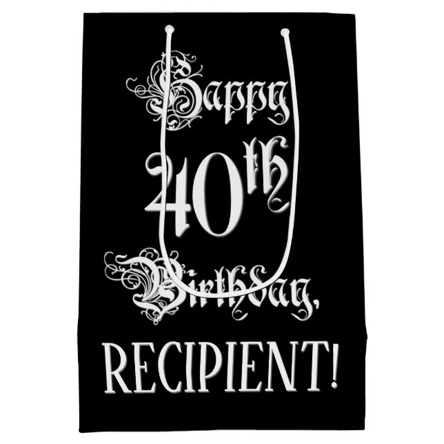 40th Birthday: Fancy, Elegant Script + Custom Name Medium Gift Bag (Back)