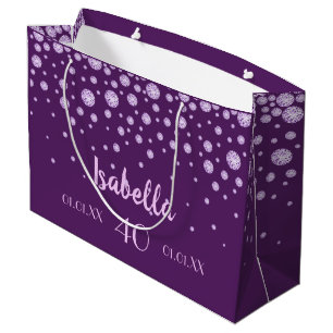 40th birthday faux diamonds on purple name age large gift bag