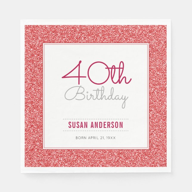 40th Birthday Faux Red Glitter Napkin (Front)