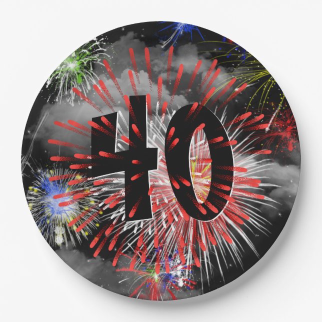 40th Birthday Fireworks In Clouds Paper Plate (Front)