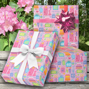 40th Birthday Floral Cake Balloons Hat Presents Wrapping Paper