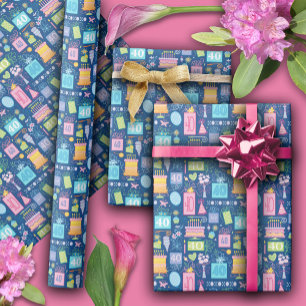 40th Birthday Floral Cake Balloons Hat Presents  Wrapping Paper