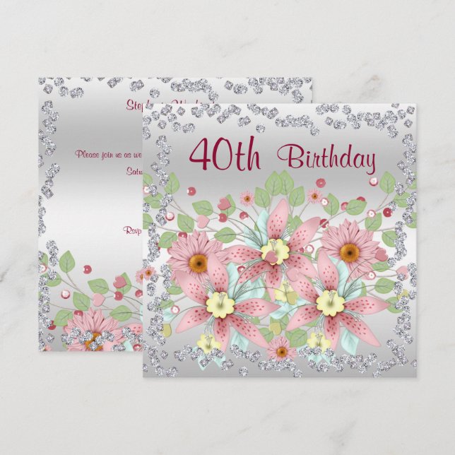 40th Birthday Floral Display & Diamonds Invitation (Front/Back)