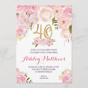 40th birthday Floral Invitation, Invitation