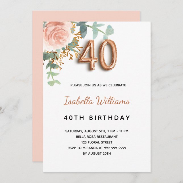 40th birthday floral rose gold eucalyptus greenery invitation (Front/Back)