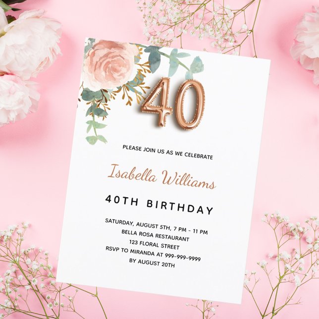 40th birthday floral rose gold eucalyptus greenery invitation postcard (Creator Uploaded)