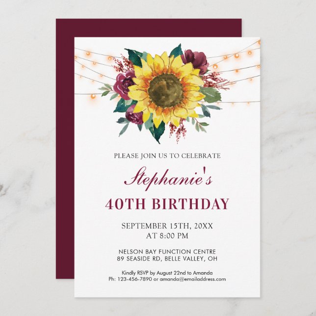 40th Birthday Floral Sunflower String Lights Party Invitation (Front/Back)