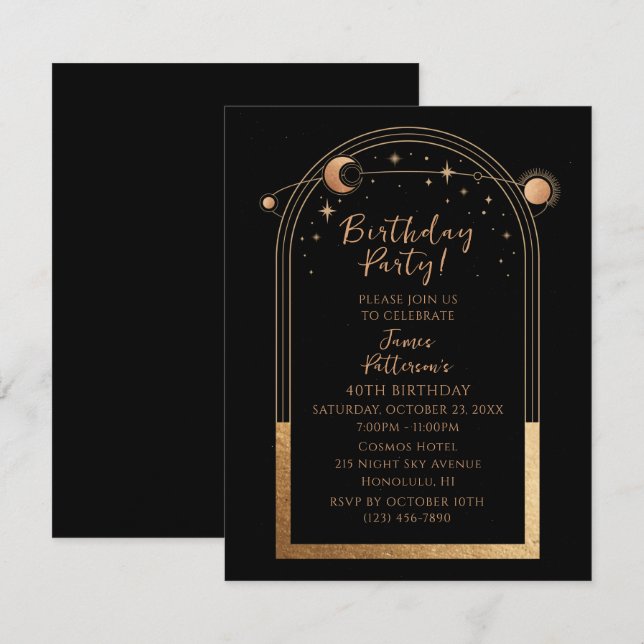 40th Birthday Forty Celestial Black Gold Astronomy Invitation (Front/Back)