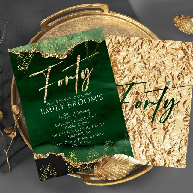 40th Birthday Forty Emerald Green and Gold Invitat Invitation (Creator Uploaded)