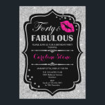 40th Birthday - Forty Fabulous Black Pink Silver Invitation<br><div class="desc">40th Birthday Invitation.
Elegant black white design with faux glitter silver. Features pink lips kiss,  confetti and script font. Perfect for an elegant birthday party. Thirty Fabulous! Message me if you need further customization.</div>