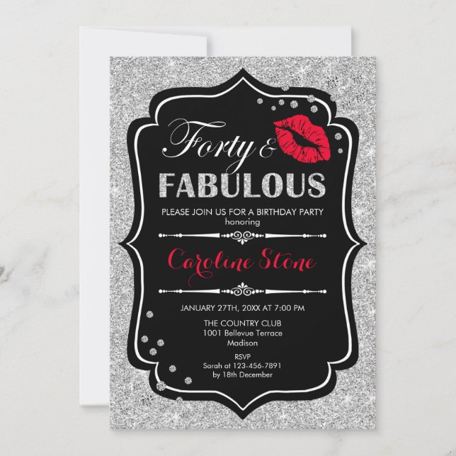 40th Birthday - Forty Fabulous Black Red Silver Invitation (Front)