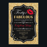40th Birthday - Forty Fabulous Gold Black Red Invitation<br><div class="desc">40th Birthday Invitation.
Elegant black white design with faux glitter gold. Features red lips kiss,  confetti and script font. Perfect for an elegant birthday party. Thirty Fabulous! Message me if you need further customization.</div>