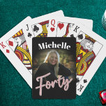 40th birthday forty pink black birthday custom playing cards<br><div class="desc">Forty bold black white,  with rose pink and silver glitter photo and graphic playing cards,  ideal to either gift or use at a fortieth birthday party. Customise with your birthday girls photograph. Other matching items are available. Designed by www.mylittleeden.com</div>