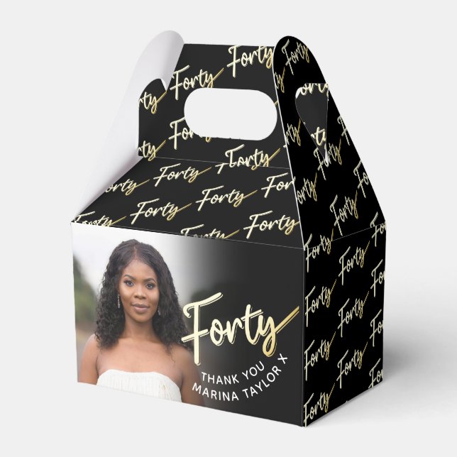 40th birthday Forty script gold black photo Favour Box (Front Side)