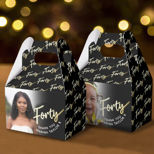 40th birthday Forty script gold black photo Favour Box