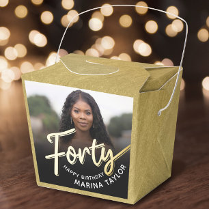 40th birthday Forty script gold black photo Favour Box