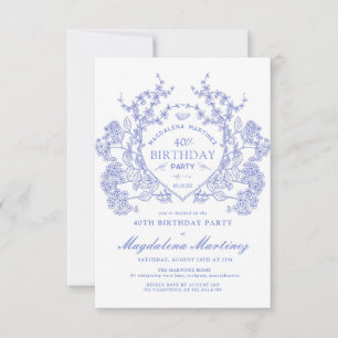 40th Birthday French Vintage Blue Floral Crest Invitation