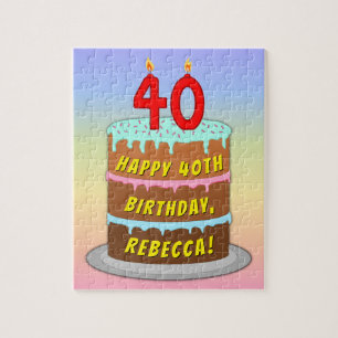 40th Birthday: Fun Cake and Candles + Custom Name Jigsaw Puzzle