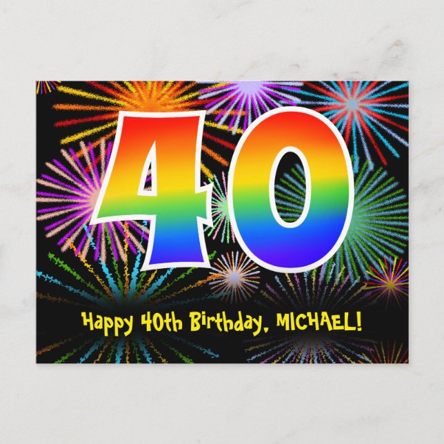 40th Birthday – Fun Fireworks Pattern + Rainbow 40 Postcard (Front)