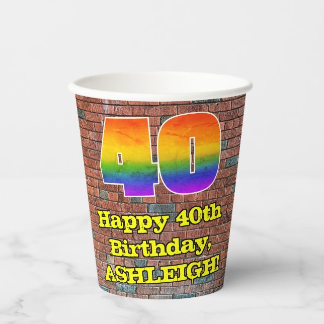 40th Birthday: Fun Graffiti-Inspired Rainbow 40 Paper Cups (Front)