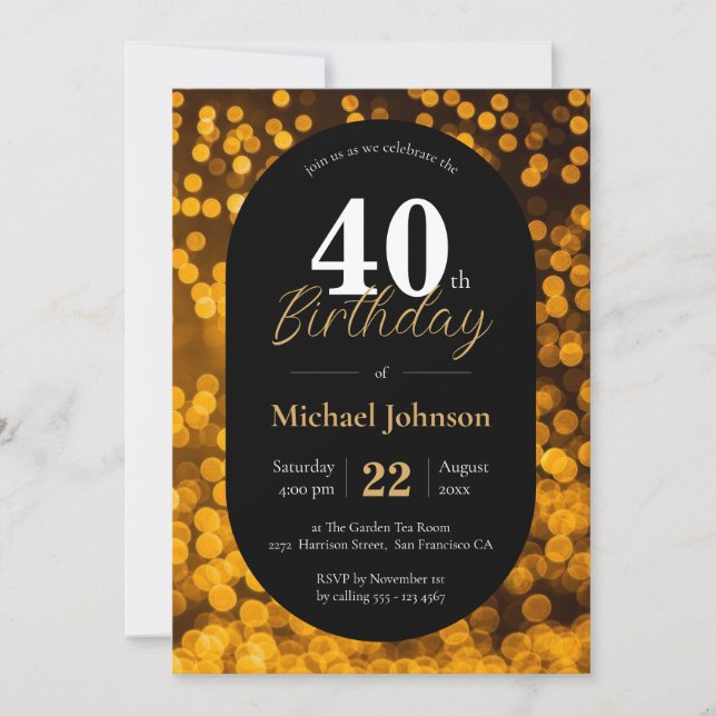 40th Birthday Gold Black Elegant Modern Custom Invitation (Front)