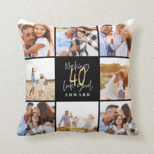 40th birthday gold black photo collage birthday cushion