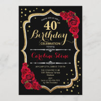 40th Birthday - Gold Black Red Roses
