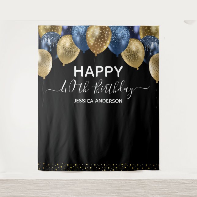40th Birthday Gold Blue Black Balloons Tapestry (Front)