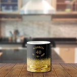 40th birthday gold bow black name sparkle age coffee mug<br><div class="desc">Elegant,  classic,  glamourous and feminine.  A faux gold coloured bow and ribbon with golden glitter and sparkle,  a bit of bling and luxury for a 40th birthday gift or keepsake.  Black background. Templates for her name,  age 40 and date of birth.  Curved text and golden letters</div>