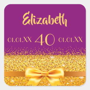 40th birthday gold bow with ribbon on purple square sticker