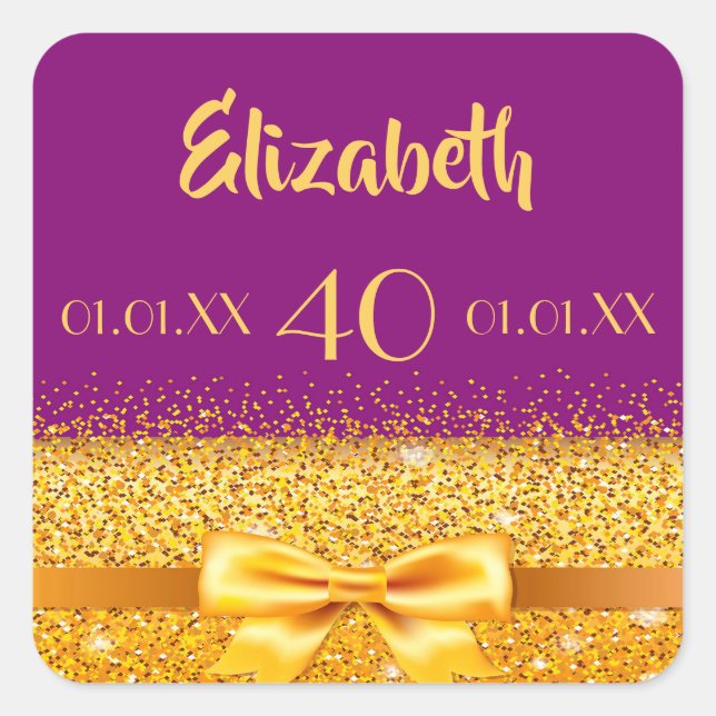 40th birthday gold bow with ribbon on purple square sticker (Front)