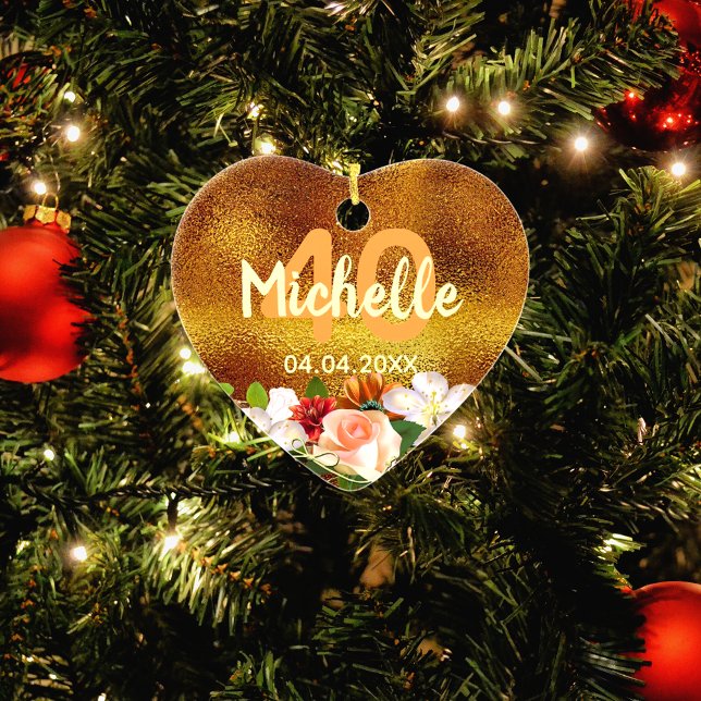 40th birthday gold flowers name ceramic ornament (Creator Uploaded)