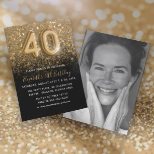 40th Birthday Gold Glitter & Black Party Invitation