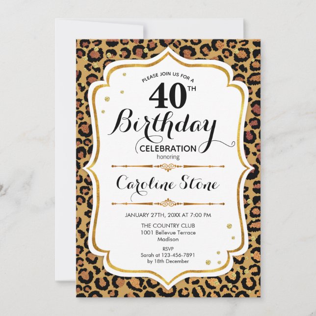 40th Birthday - Gold Leopard Print Invitation (Front)