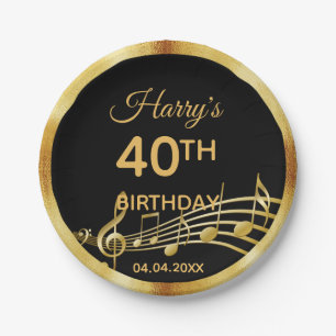 40th birthday gold music notes on chic black paper plate