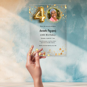 40th birthday gold photo stars clear acrylic invitations