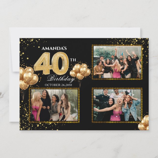40th Birthday Gold Silver Black Balloons Invitation (Front)