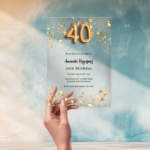 40th birthday gold stars clear acrylic invitations