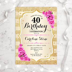 40th Birthday - Gold Stripes Pink Roses Invitation