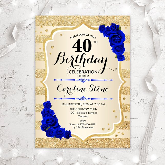 40th Birthday - Gold Stripes Royal Blue Roses Invitation (Creator Uploaded)