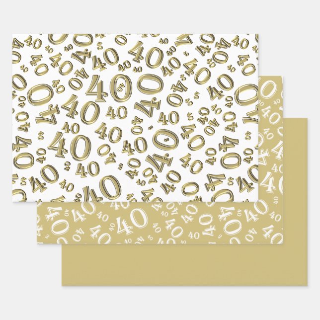 40th Birthday Gold/White Random Number Pattern 40 Wrapping Paper Sheet (Set)